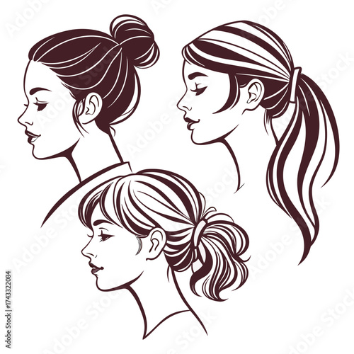 Elegant Hairstyles A Trio of Women's Hairdos in Profile, Showcasing Diverse Updos and Ponytails