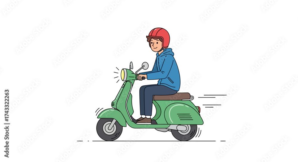 Fototapeta premium Illustration of a young man with helmet riding a vintage green scooter with motion lines conveying