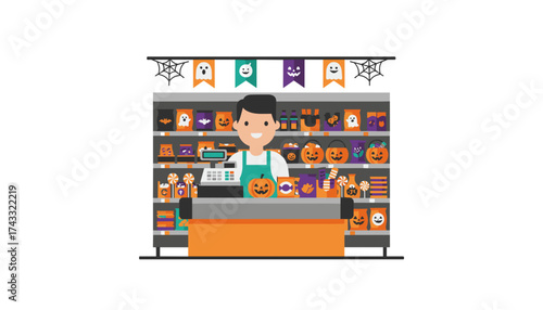 Smiling cashier in Halloweenthemed store Festive holiday shopping and retail sales