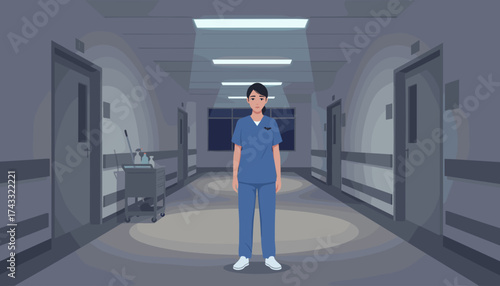 Female healthcare worker stands alone in a quiet hospital hallway symbolizing dedication and essential service