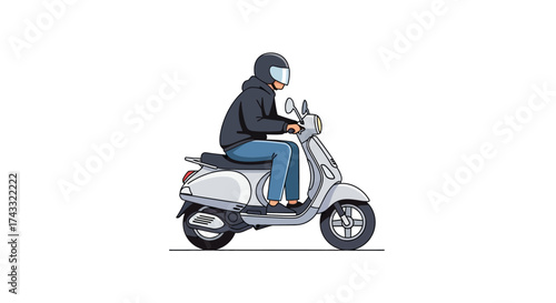 A person with a helmet riding a vintage scooter on a white background cartoon illustration design
