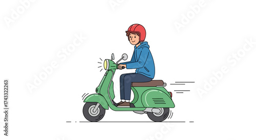 Illustration of a young man with helmet riding a vintage green scooter with motion lines conveying