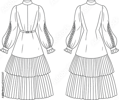 Technical fashion illustration, bishop sleeve dress, lace-up detail, tiered skirt, ruffled cuff, front and back view, couture garment sketch
