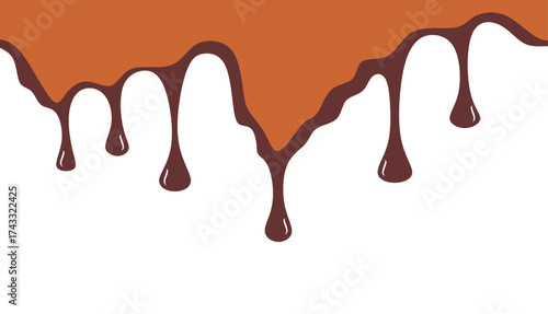 Wavy chocolate illustration. Chocolate wavy drip illustration. Brown chocolate drip illustration. Melted brown chocolate illustration. Liquid ice cream on white background.