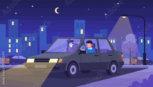 Man driving car at night in a city Urban scene smartphone use navigation modern transportation