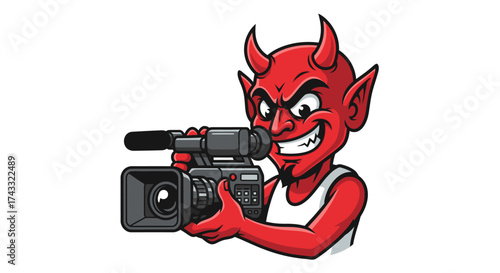 A cartoon red devil character holding a professional video camera with a sinister smile