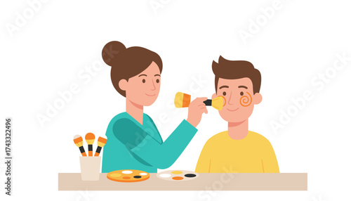 Woman applying face paint to mans cheek Fun creative activity for parties or events