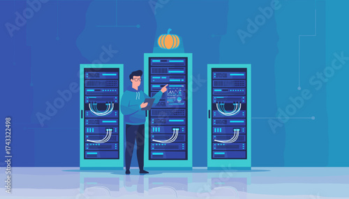 IT specialist managing server racks optimizing network and monitoring data center performance