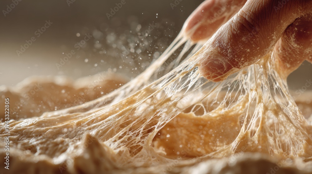 Fototapeta premium Hand stretching elastic dough with visible gluten strands and flour particles in motion