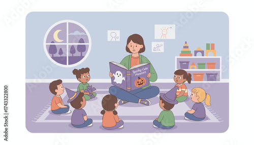 Adult reads spooky story to diverse kids in a cozy classroom Childhood learning  Halloween fun