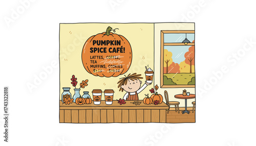 Child happily serves pumpkin spice latte in cozy autumn cafe