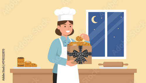 Happy baker preparing festive Halloween cookies in a decorated box at night Sweet treats