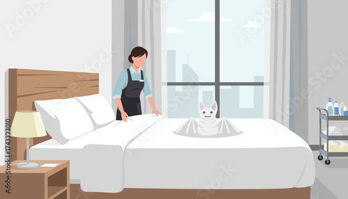 Professional hotel maid making a clean bed with decorative towel art illustrating hospitality service