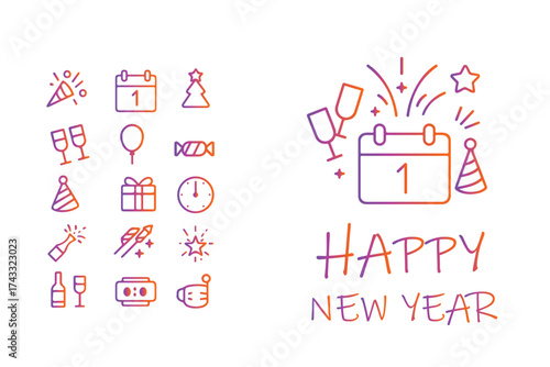 Happy New Year line icon set — 16 minimalist outline icons with editable stroke, featuring modern festive symbols such as fireworks, champagne, calendar, party hat, clock, and confetti