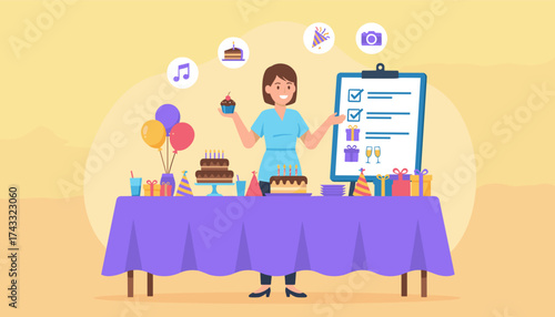 Cheerful woman planning a vibrant birthday celebration with checklist cakes gifts and balloons