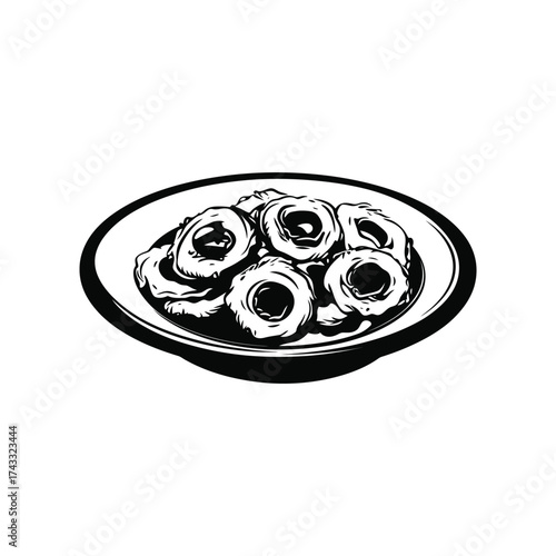 Hand drawn illustration of a plate of round cereal rings in a sketch style