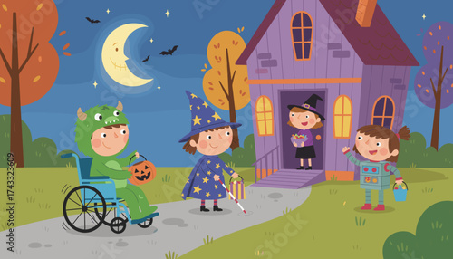 Joyful diverse children trickortreating on Halloween night Inclusion autumn fun festive lifestyle