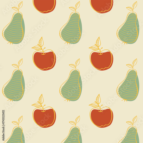 Autumn harvest, thanksgiving day pattern with stylized apples and pears in doodle style and colorful spots.