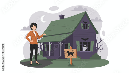 Smiling woman presents a spooky Halloween house with ghost bats and black cat decorations