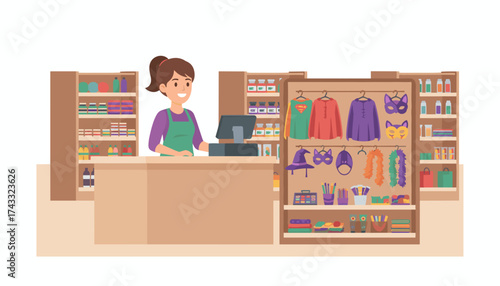 Smiling cashier works at a vibrant retail store selling craft supplies party costumes and more