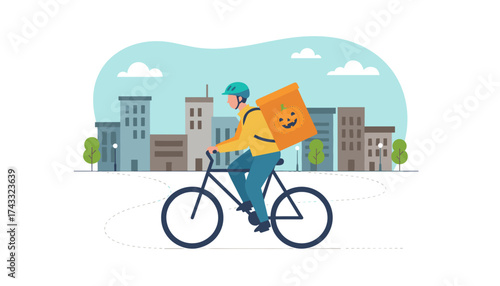 Halloween delivery rider on a bike in the city carrying a pumpkinthemed package