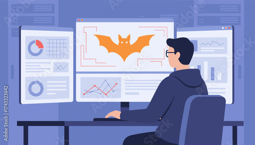 Cybersecurity professional monitors complex data dashboards and a bat symbol indicating threat detection