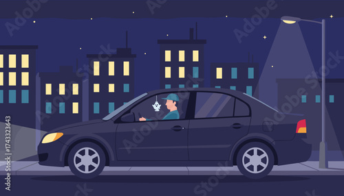 Man driving a sedan at night through a city street with buildings and a streetlamp