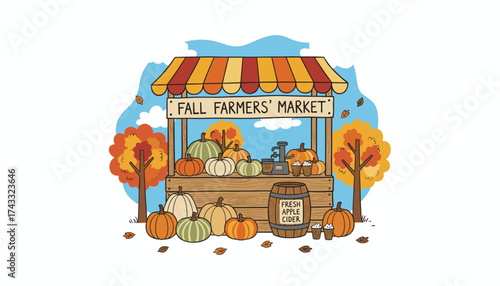 Colorful fall farmers market stand with pumpkins gourds and fresh apple cider Autumn harvest scene