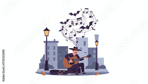 Street musician playing guitar with bats and musical notes in an urban setting Halloween
