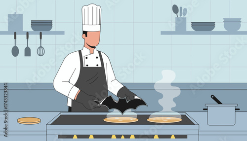 Chef preparing breakfast pancakes with a unique batshaped tool in a professional kitchen