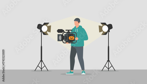 Man filming Halloween content with professional camera and studio lights