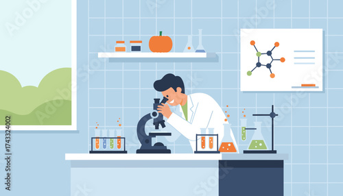 Smiling scientist uses microscope in a laboratory Research innovation and scientific discovery concept