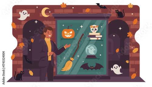 Smiling person showcases a charming Halloween display with pumpkins ghosts bats and autumn leaves