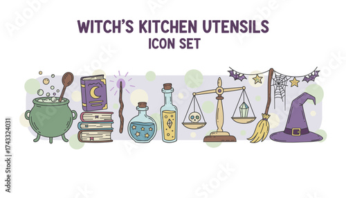 Charming witchs kitchen utensils icon set for magic spells and Halloween themes