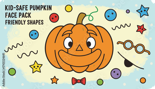Friendly cartoon pumpkin face pack with customizable elements for kidsafe Halloween fun and design