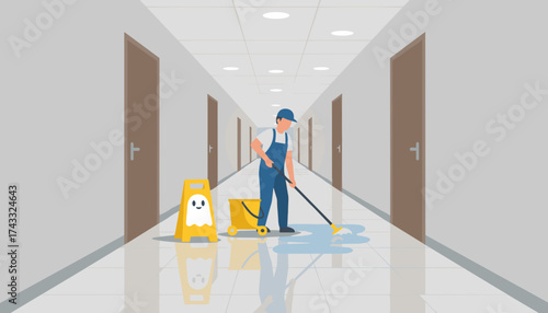 Janitor mopping a wet floor in a clean office hallway with a safety sign Essential building maintenance