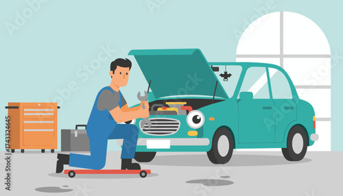 Professional mechanic fixing car engine in a garage Auto repair and maintenance service concept