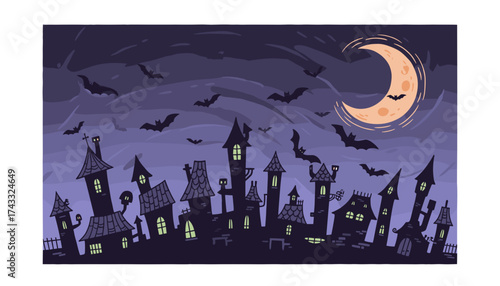 A whimsical spooky Halloween night scene with haunted houses flying bats and a crescent moon