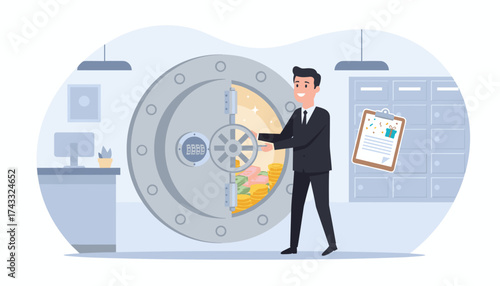Businessman opening a bank vault filled with money representing financial success and security