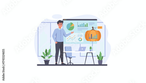 Professional presents fall marketing data and business analytics on screen in modern office