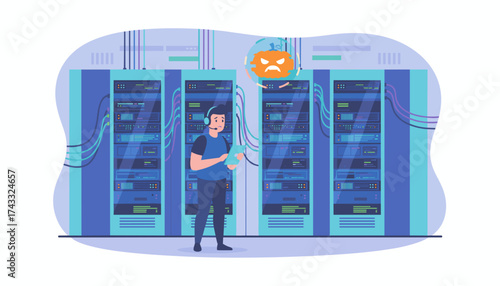 Concerned technician faces a cyber threat pumpkin virus in a data center highlighting IT security