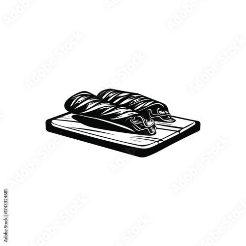 Hand drawn illustration of raw chicken breasts on a wooden cutting board in black and white
