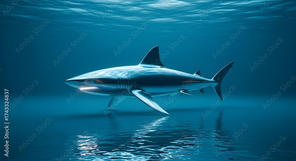 Fototapeta premium Majestic shark swims gracefully through deep blue ocean waters