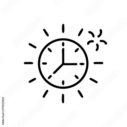 Simple clock icon with sun rays in black outline style  