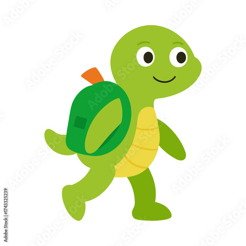 a happy turtle with a backpack  walking cheerfully