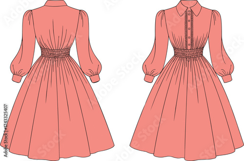 Technical fashion flat dress illustration, coral bishop sleeve design with shirred waist, flared skirt, front back garment construction drawing