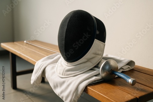 Fencing gear with mask, jacket, and épée sword placed on wooden bench under soft natural light in minimalist indoor setting. Ai generative. Ai generative