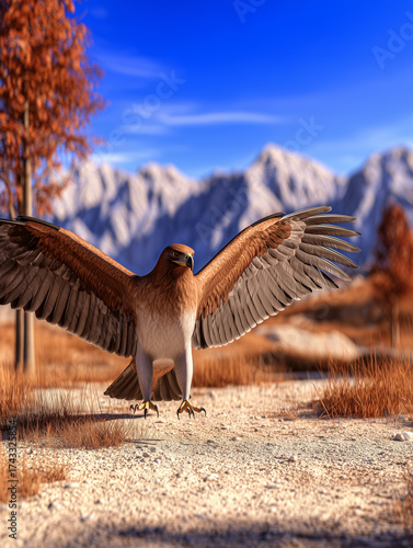 A large golden eagle with beautiful feather patterns.