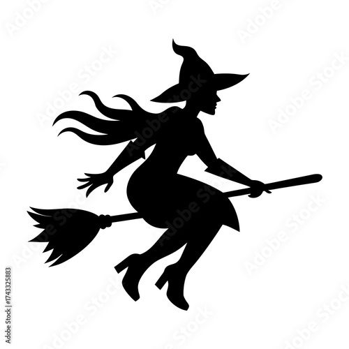 Black silhouette of a witch flying on a broomstick