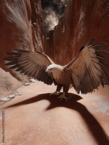 A large golden eagle with beautiful feather patterns.